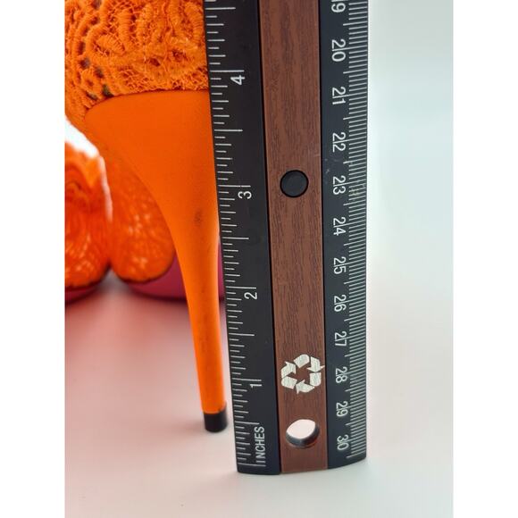 Gucci Mary Jane Heels Neon Orange Lace Size 39 Rhinestone Buckle Authentic - Picture 5 of 14